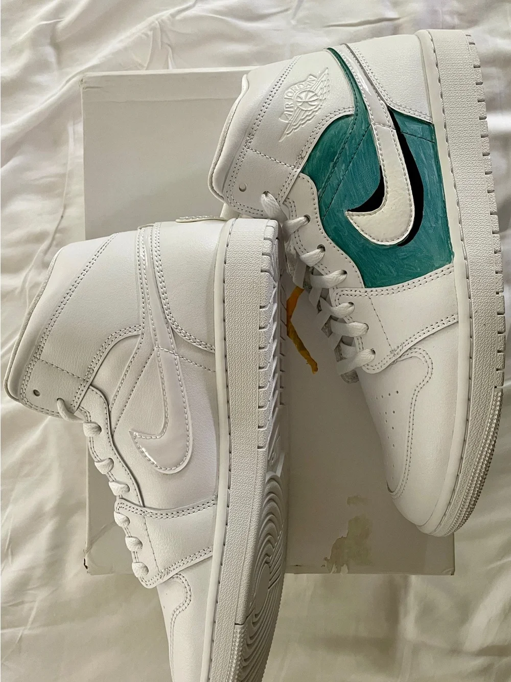 White and Teal Custom High-Top Sneakers — Nike